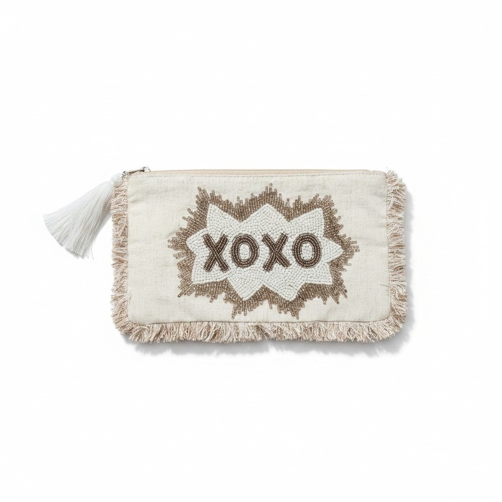 TJX Boho Beaded XOXO Fringe Zipper Pouch Clutch Cotton Linen White Tassel Bag